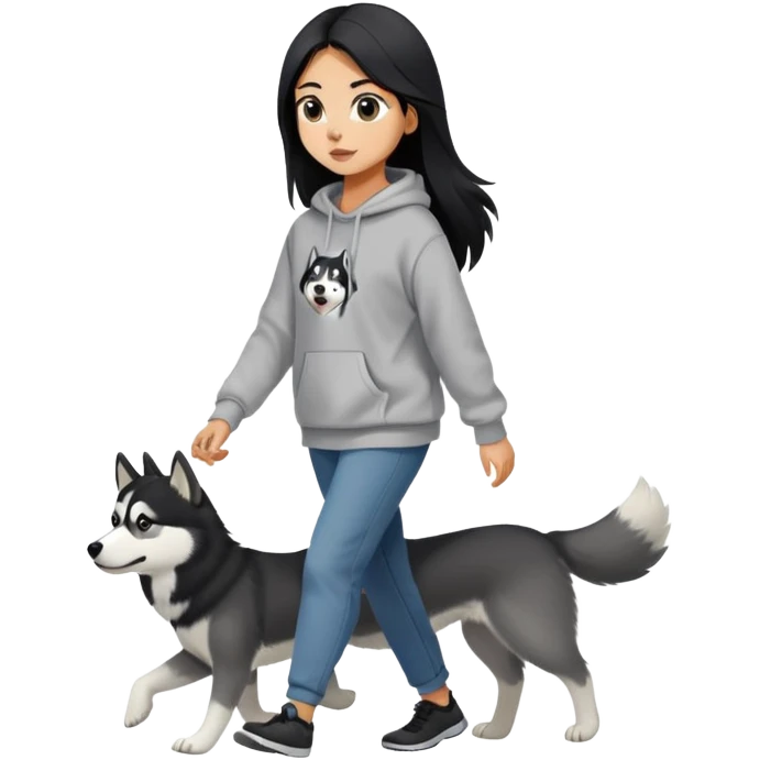 A girl with long black hair wearing a sweatshirt walks a black and white husky emoji