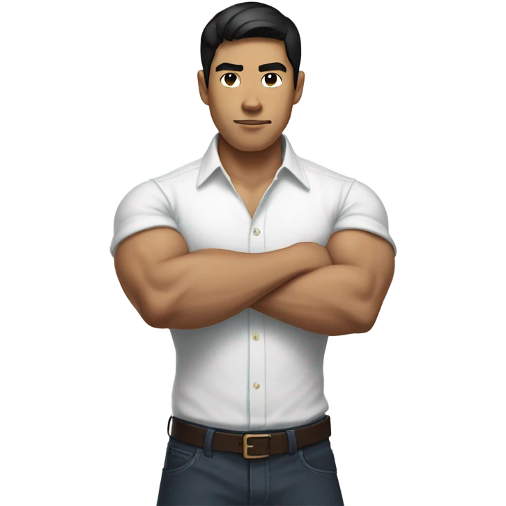 black-haired Asian man wearing a white formal shirt with folded sleeves while having a big biceps emoji