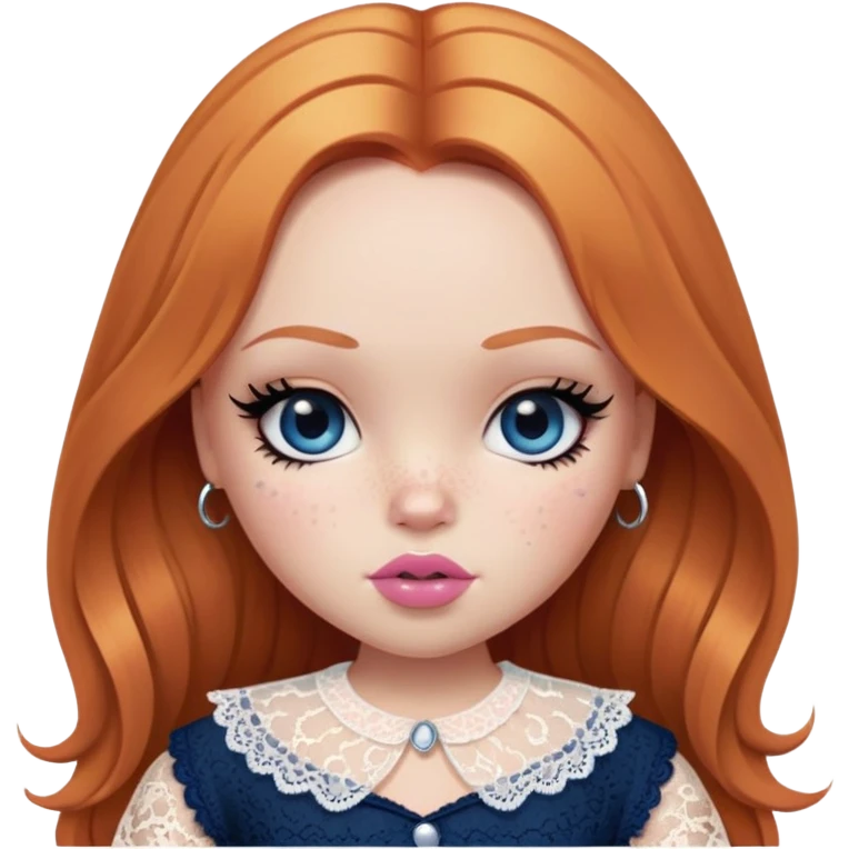 big fat, pretty bratz girl, ginger straight hair, freckles, dark blue eyes, pink lips, black eyeliner, pale skin, cute lace girly clothes emoji