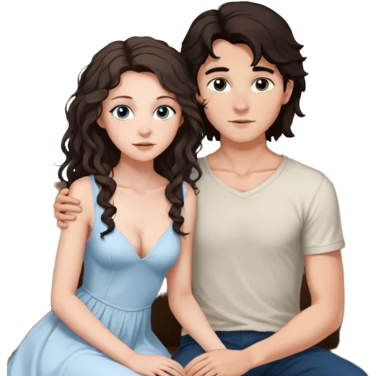 white girl, dark brown long slightly curly hair , skinni but with big breast , septum piercing on nose, beautiful dark gray-blue eyes, in white dress , boy dark brown eyes , light white skin , tall , skinny , light brown mid haircut ,  on his knee asking her to be hos wife emoji