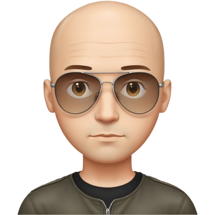 Oval-faced man with large forehead, aviator sunglasses with metal frame, extremely short dark hair with completely bald sides (skin fade), light tan skin, friendly neutral expression, black shirt emoji