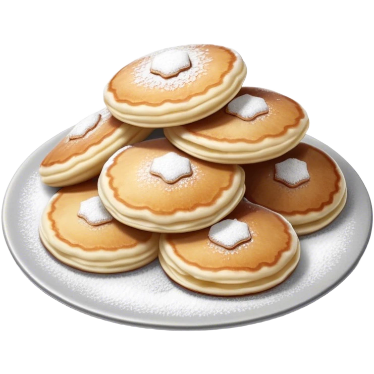 Poffertjes Cinematic Realistic Poffertjes Dessert Emoji, depicted as small, fluffy Dutch pancakes dusted with powdered sugar, rendered with lifelike textures and warm, inviting lighting. emoji