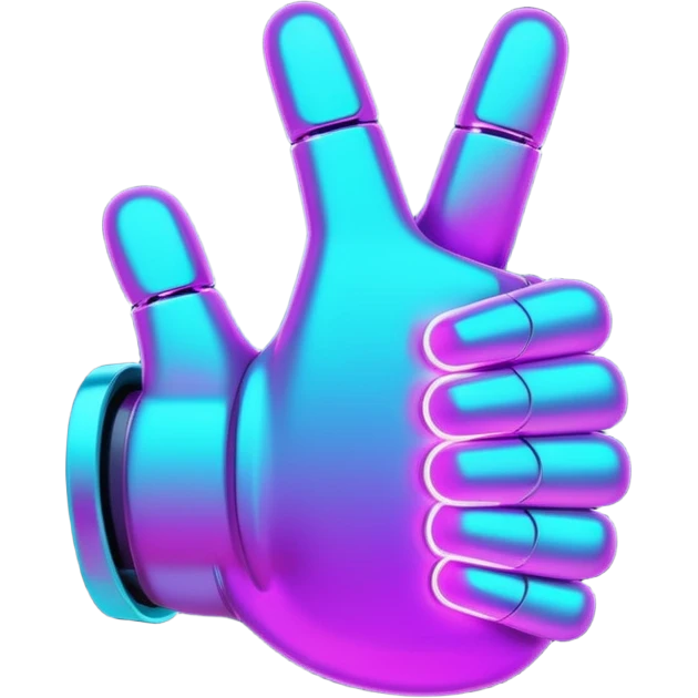 futuristic glowing thumbs up, neon purple and cyan light, dark background, digital tech style emoji