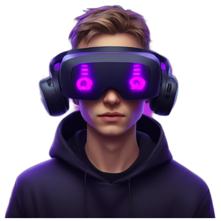 Russian young man wearing a black hoodie with "OMG" letters on it and VR headset in a cyberpunk VR environment with violet neon lighting. emoji