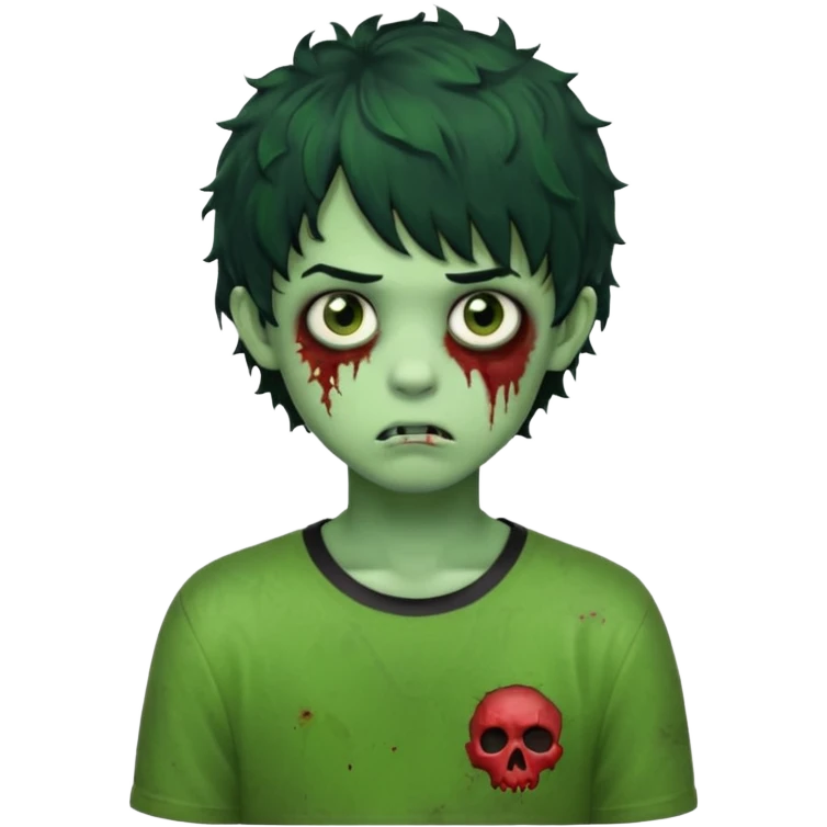 Boy, zombie, green skin, black curly wavy hair with bangs, short , round shaped hair, emo, dark, bored expression emoji