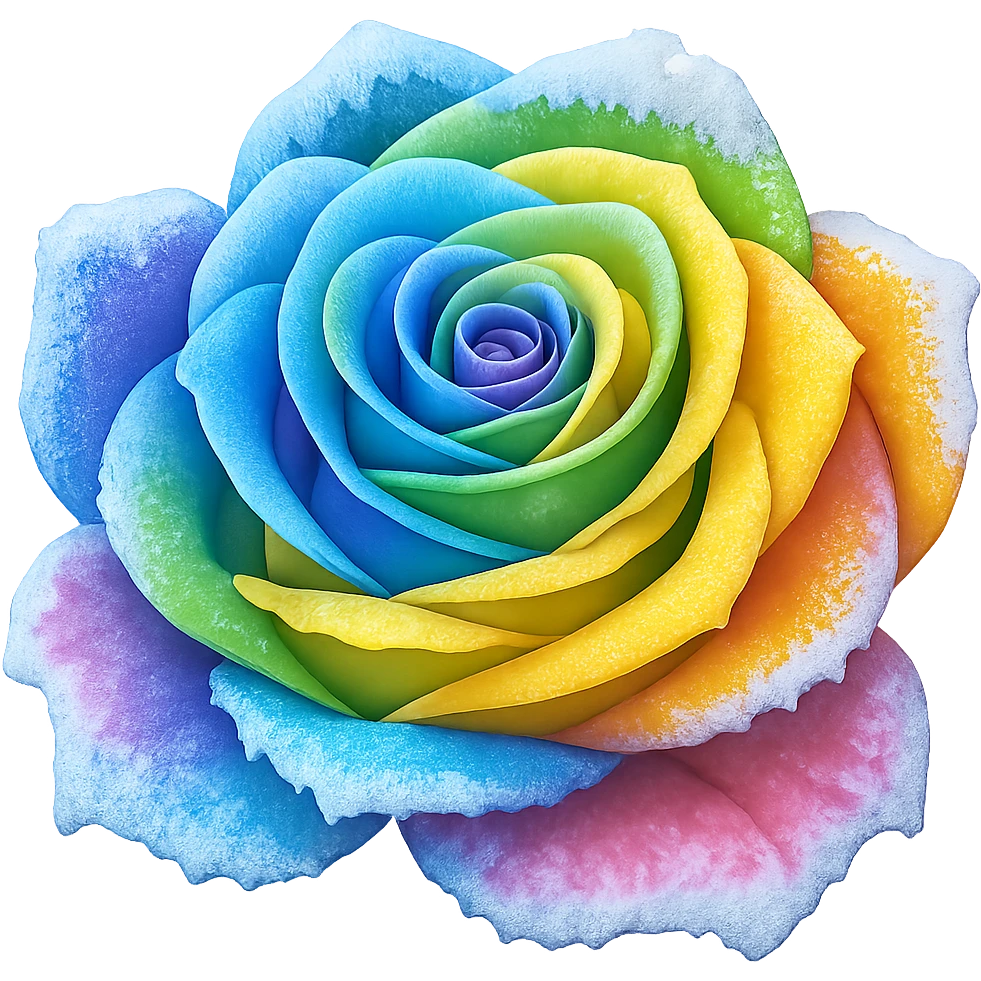 Make the frozen rose rainbow colored in the style of emoji (apple style emojis). Remove the background. emoji