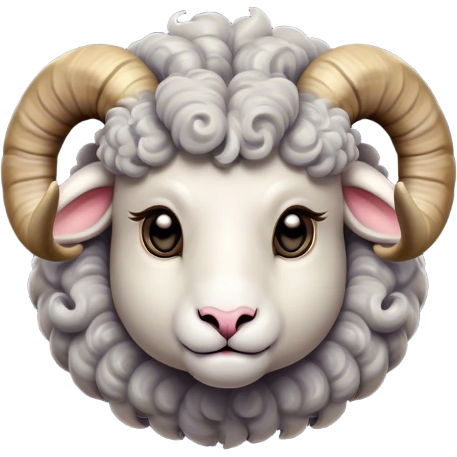 Cinematic Cute Ram Portrait Emoji, Head tilted playfully and inquisitively, featuring a dense, woolly grey fur with charming curled horns, round, sparkling dark eyes filled with curiosity, Simplified yet irresistibly adorable features, highly detailed, glowing with a warm, friendly glow, high shine, affectionate and spirited, stylized with a touch of rugged whimsy, bright and endearing, soft glowing outline, capturing the essence of a mischievous yet loving ram, so playful it feels like it could butt its way out of the screen and into your arms! emoji