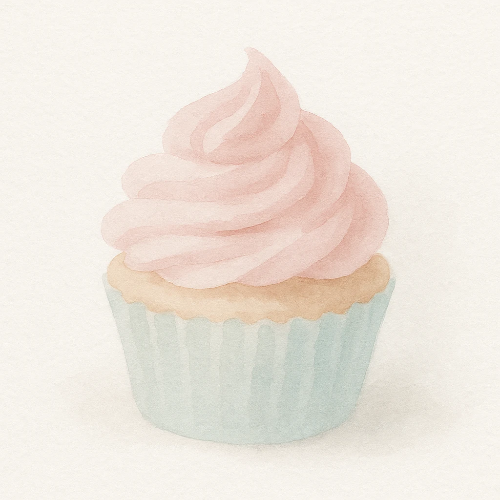 cupcake with pink icing, soft and delicate, watercolor art style emoji