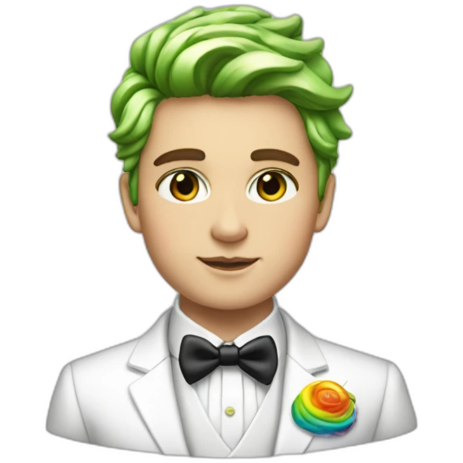 Posh-boy-with-white-suit-and-green-eyes-and-rainbow-unicorn-hair emoji