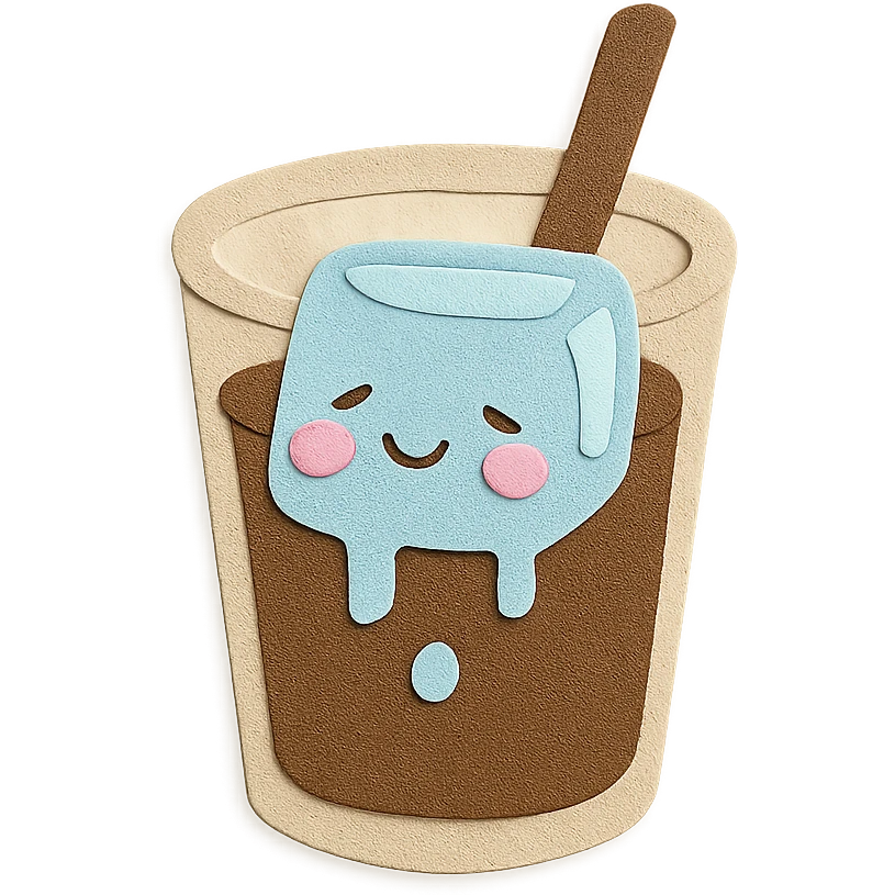 melting ice cube character in coffee drink, blushing cheeks, kawaii pastel hand-drawn style emoji