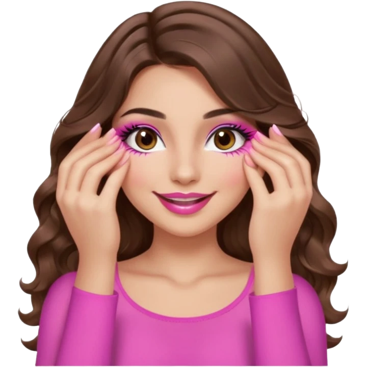 girl with long wavy brown hair, brown eyes, long lashes makeup, sexy pink lips, light to medium complexion, wearing a pink sexy top, smiling, hands covering over the eyes emoji