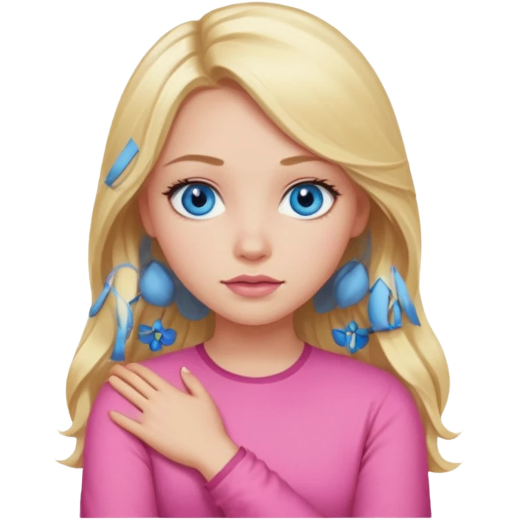 A girl with blue eyes, full lips and blonde long hair in a pink blouse shows no with her hands, crossing them emoji