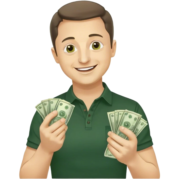 Photorealistic Vladimir Zelensky very happy holding money in his hands, dark green shirt emoji