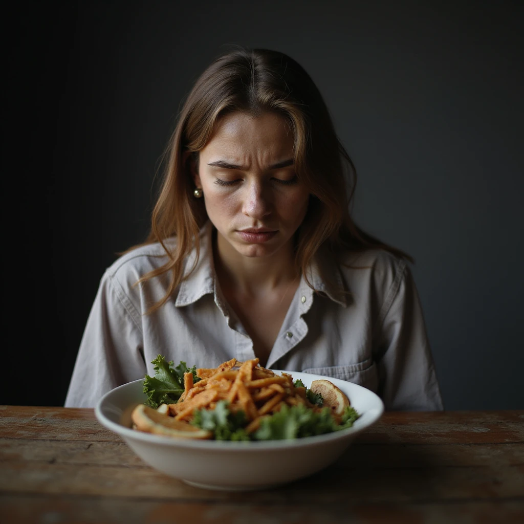 donna triste che mangia insalata, espressione triste, iperrealismo 4K, variazione 2 emoji
