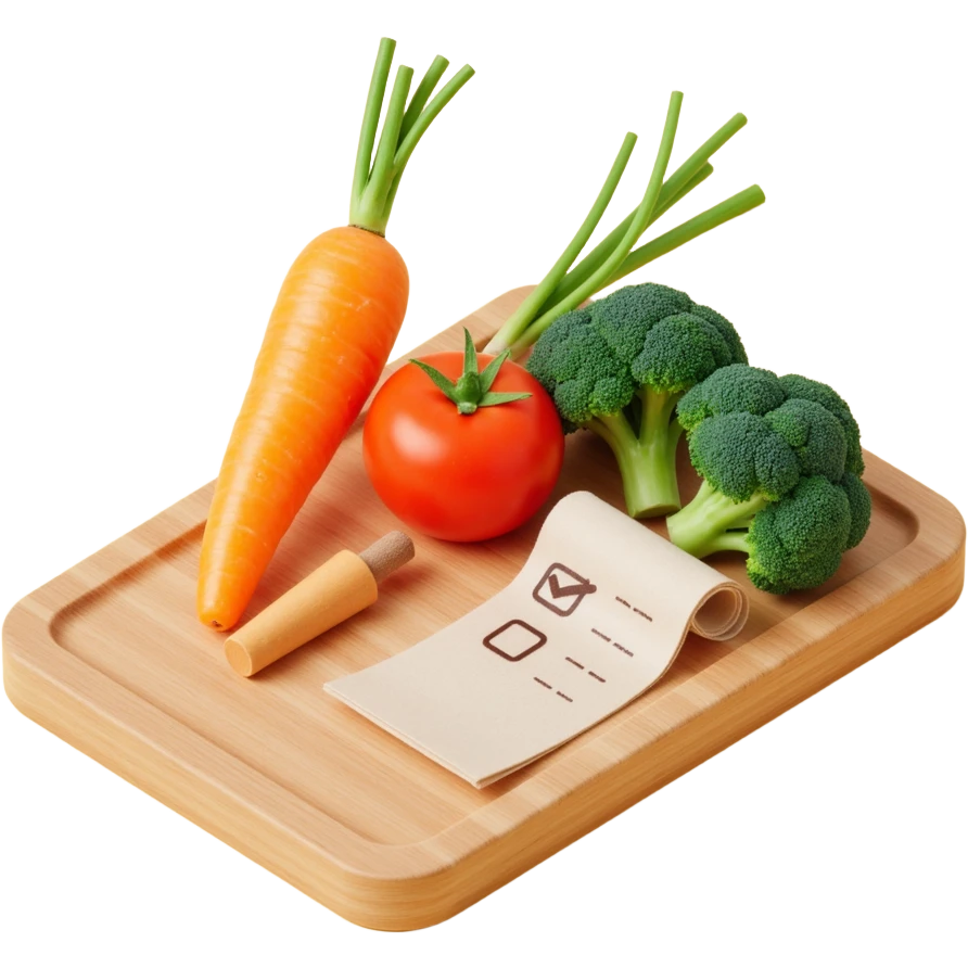 carrot tomato brocoli on the wooden cutting board with floating rolled paper list with checkbox emoji