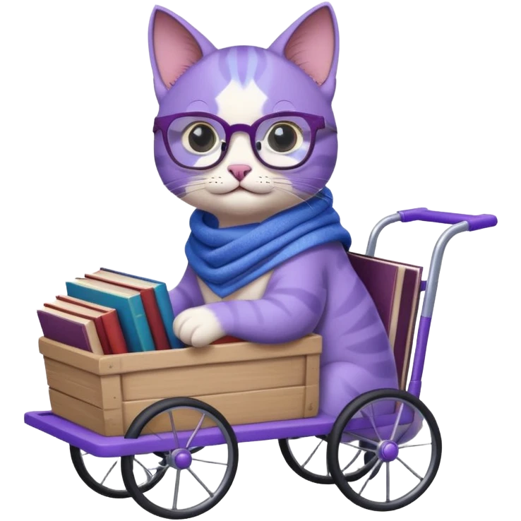 Purple and blue cat, with glasses and a shawl, pushing a 4 wheeled cart full of books emoji