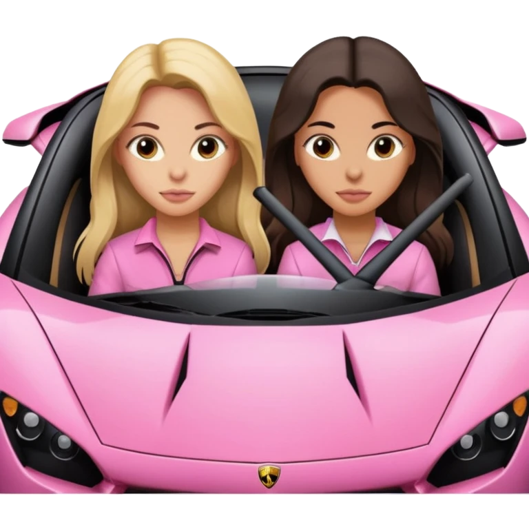 Make car far away so I can see full car Car facing forward in sports car. Make hair long  two girls in car far away Front of car sitting in the seats. Make it a pink sports car. They are two baddies make it a Lamborghini pink car  emoji