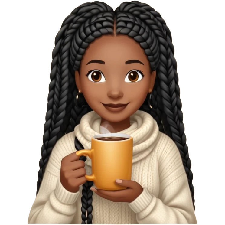 A dark-skinned Black woman with long black box braids, holding a steaming coffee cup with both hands, wearing a cozy sweater, smiling. emoji