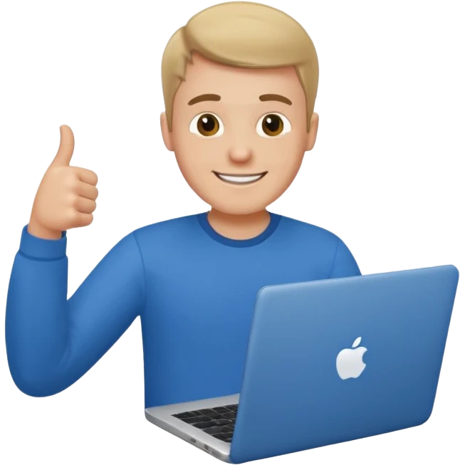 white guy sitting with laptop showing thumb emoji