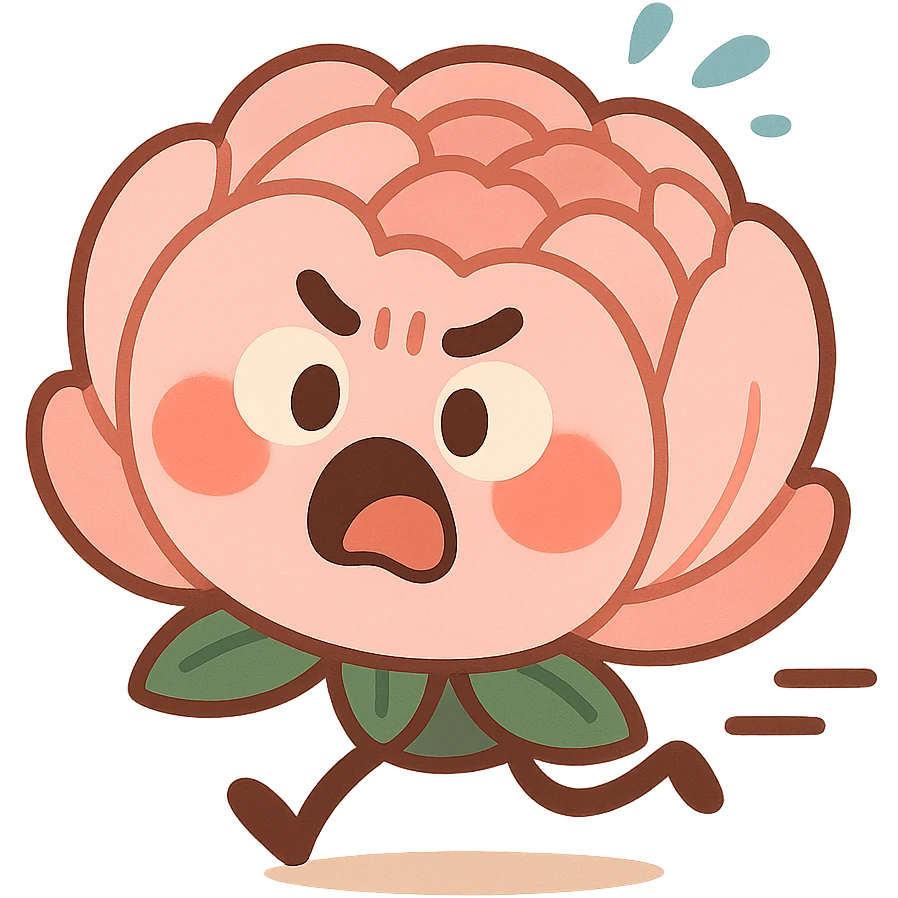 round chibi pastel pink peony flower with blushing cheeks and a panicked expression, rushing with tiny legs emoji