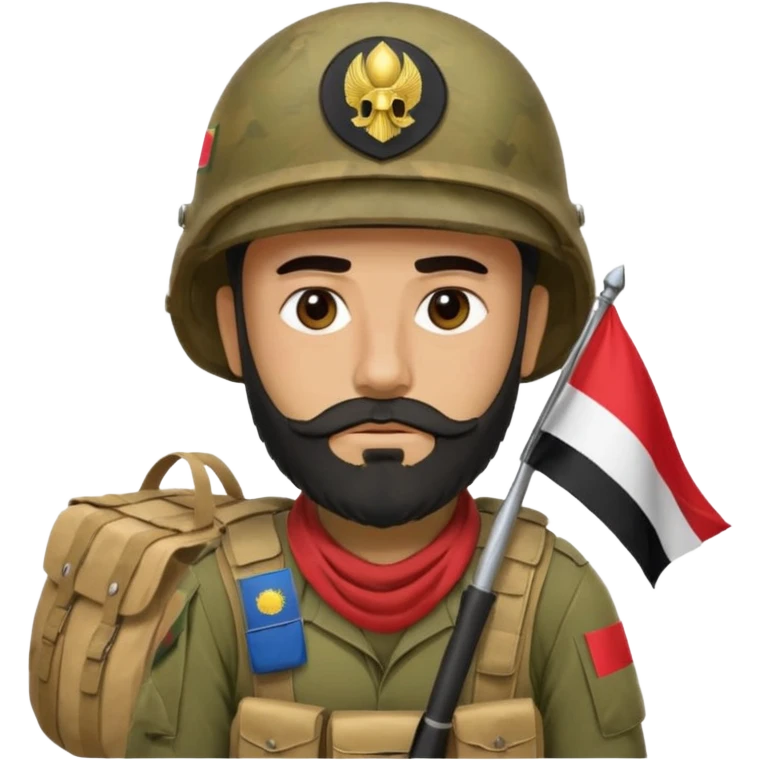 A tired and sad, swarthy Iraqi soldier with a beard, an Iraqi flag on his helmet, a sad expression and bags under his eyes emoji
