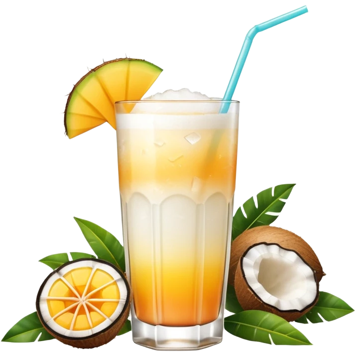A beautiful cocktail with a creamy white to orange gradient, containing coconut juice and mango, reminiscent of summer. Above, there are tropical flowers, lemon slices, and a straws. emoji