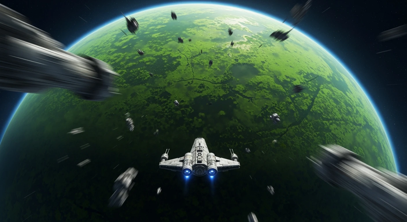 cinematic still, motion blur shutter speed, establishing shot, shot from top, entire globe green planet,  starship coming to planet, inspired by StarWars movie, captured by arri alexa  emoji
