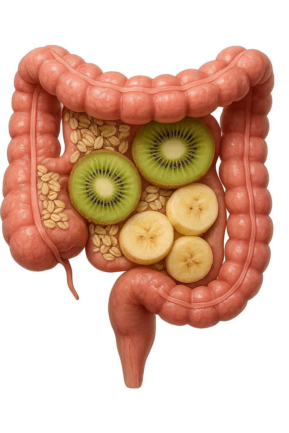 avena, kiwi e banana all'interno di un colon umano anatomico realistico, iperrealistico 4k emoji