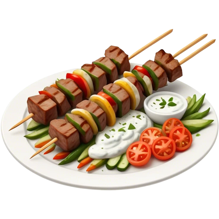 Cinematic Realistic Souvlaki Dish Emoji, showcasing skewered, grilled meat with Mediterranean spices rendered with dynamic textures and warm, appetizing lighting. emoji