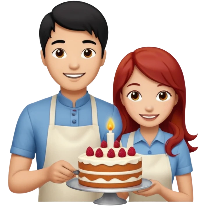black haired asian guy bakes cake with redhead girlfriend emoji