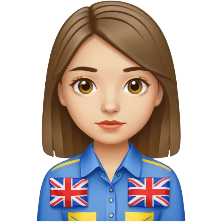 A Ukrainian girl wearing an embroidered shirt and a British flag emoji
