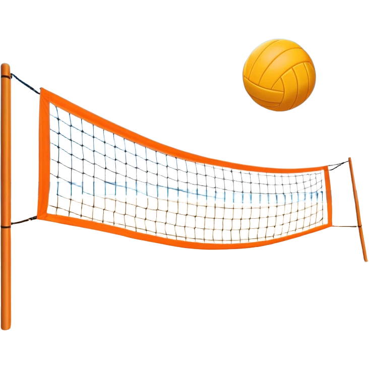 A beach volleyball net set up on the sand, with a volleyball hovering above it. The scene captures the action of a game in progress, with the sun shining brightly, beach sand stretching out, and the ocean visible in the background. emoji