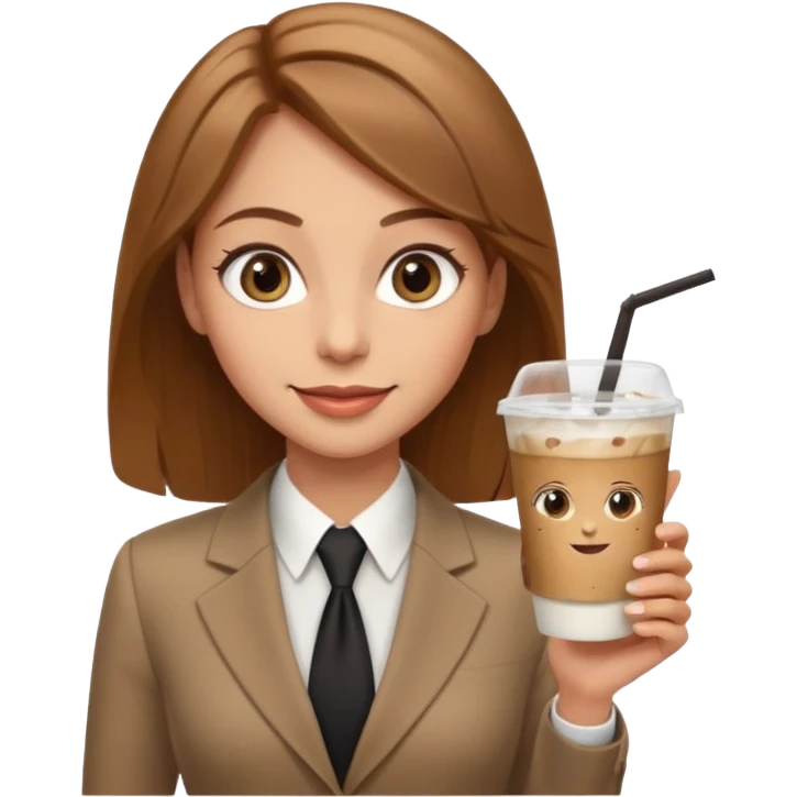 Women in front of laptop with a happy face, light brown hair, light brown big eyes, light skin with a iced coffee on the side, business attire emoji