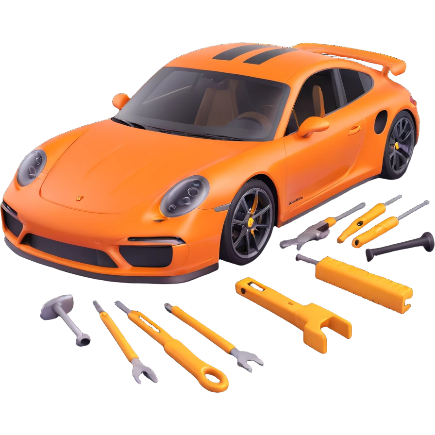 luxury Porsche car with a clearly visible dent on the bodywork, specific paintless dent repair tools such as rods, levers, and small hammers positioned to show active repair, elegant and modern emoji