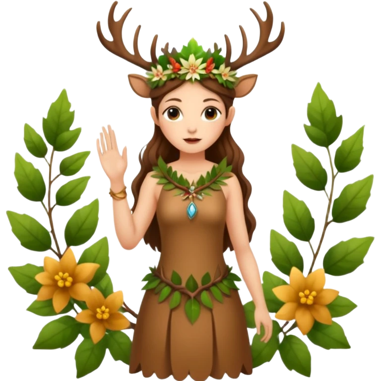 forest fairy woman dressed as deer spirit, antler crown and leaf dress, standing in flowers emoji