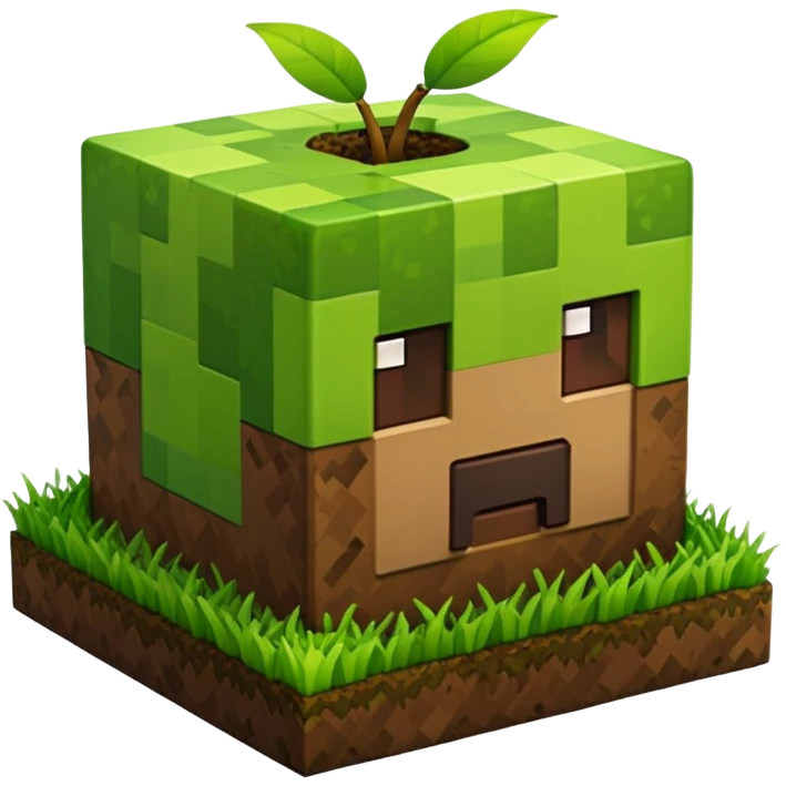 A 3D Apple-style emoji of a Minecraft grass block, cubic shape, with bright green grass on top and brown soil with pixel texture on the sides, simple and cute cartoon design. emoji