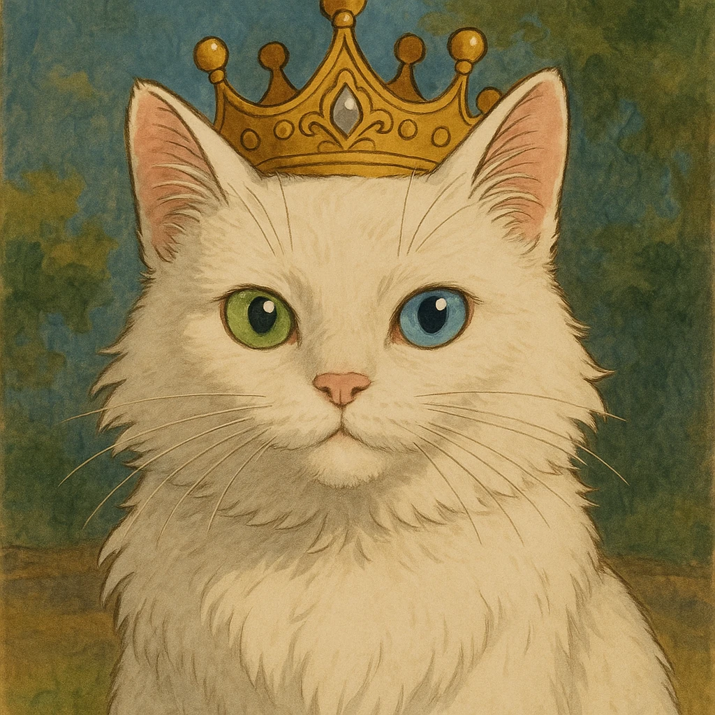 realistic white cat with one green eye and one blue eye, wearing a princess crown emoji