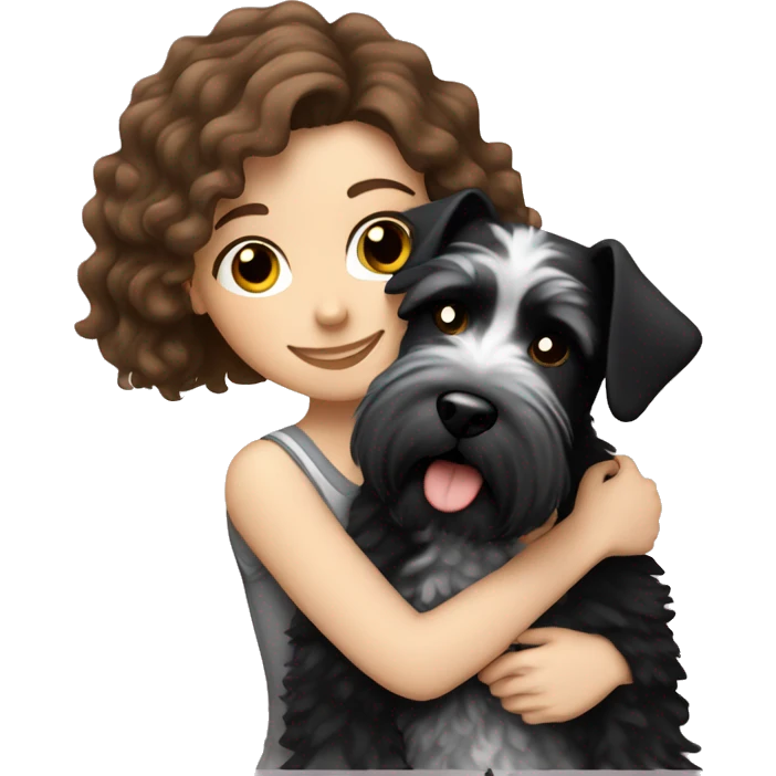 pale girl with curly brown hair hugging her black and white schnauzer emoji