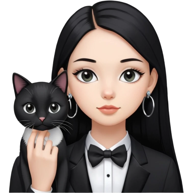 A girl with long straight black hair has upward-slanting eyeliner. She is wearing large silver hoop earrings, a black t-shirt, She is holding a  tuxedo cat with a black face  emoji