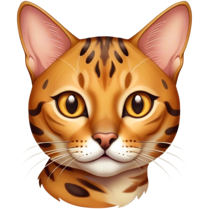 Cinematic Bengal Cat Portrait Emoji, Elegant and striking, sleek spotted brown and gold tones, Simplified yet sharp features, highly detailed, glowing with a warm, confident glow, high shine, playful and curious, stylized with an air of grace, focused and attentive, soft glowing outline, capturing the essence of agility and confidence, so lifelike it feels as though it could spring into motion at any moment! emoji
