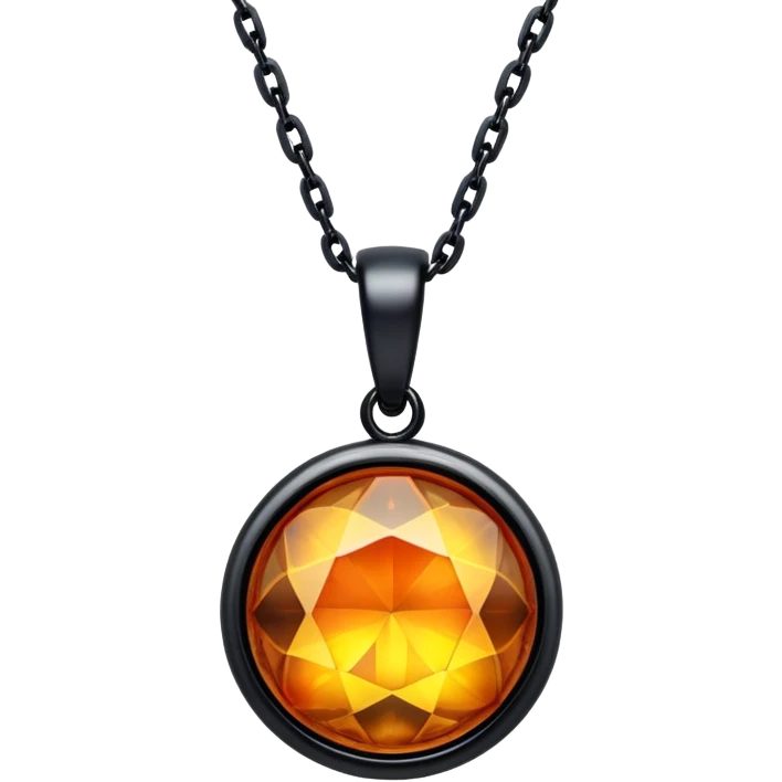 extreme close up of a round cut holographic amber charm with black metal accent and black chain, chain and findings tight against the gem emoji