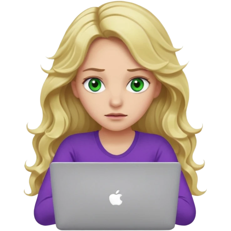 lady with long blonde wavy hair, purple top, green eyes throwing her with a laptop looking exhausted emoji