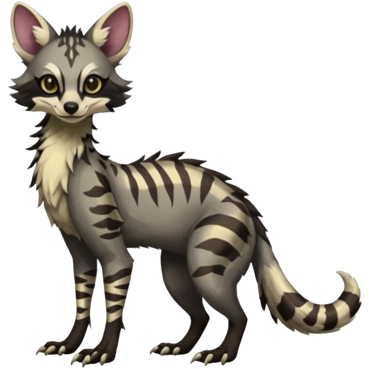 Feral Rare Fantasy dark tropical Vernid-Sergal-Genet-Trico-species by LiLaiRa, random markings, tufted tail, tufted ears, full body emoji