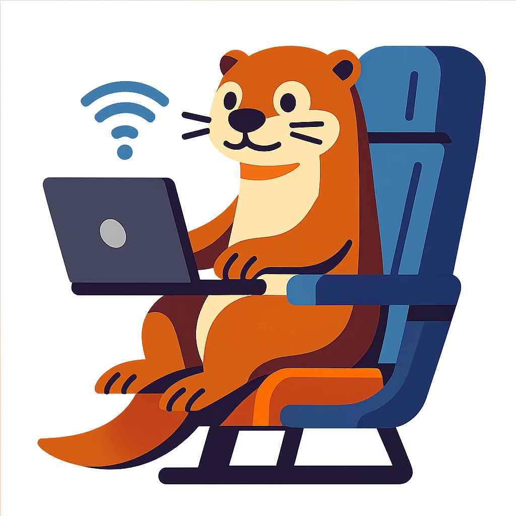 otter with laptop connected to wifi sitting on an airplane seat, vibrant toon style emoji