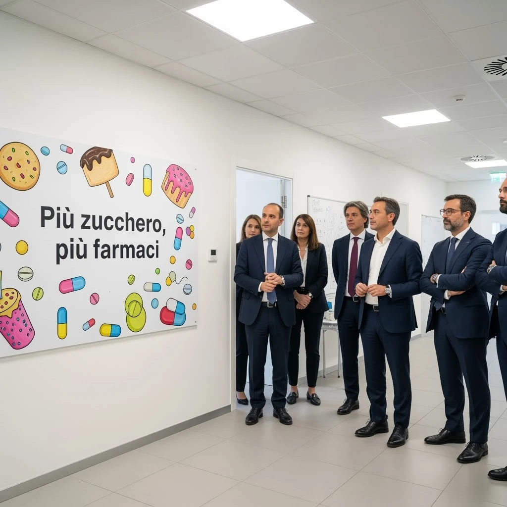 Riunione aziendale in una casa farmaceutica: manager discutono davanti a una lavagna con disegni di dolci e pillole, slogan in italiano “Più zucchero, più farmaci”, atmosfera di cinismo, stile fotografico, qualità 4K. emoji