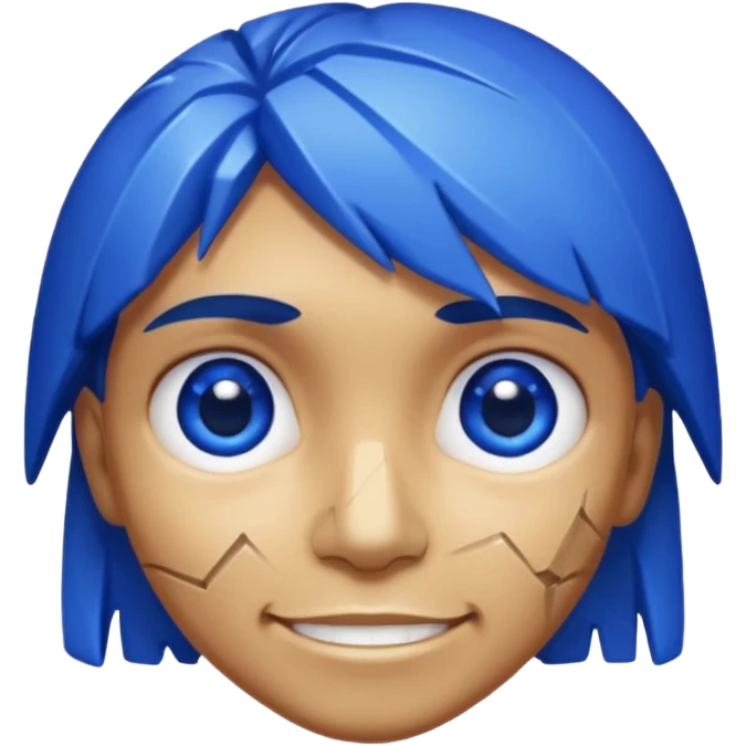 A single sapphire-blue faceted rock head, chunky and worn, with very visible cracks and chipped facets but still shiny, big kind eyes and a confident smile emoji