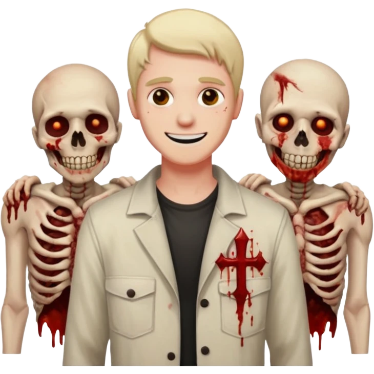 guy in front of bloody corpses smiling emoji