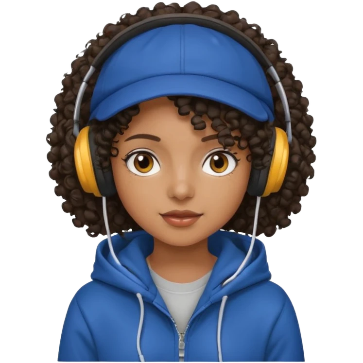 curly haired with headphones in and hoddie  black girl with cap emoji