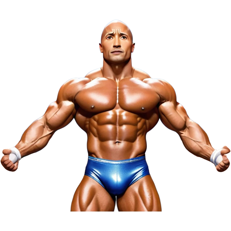 Dwayne Johnson, covered in oil, on stage at a Mr. Universe bodybuilding competition, striking a 'Side Triceps' pose. His defined muscles gleam under the bright lights, with the audience and judges in the background, capturing the intense focus and strength of the moment. Transparent background. emoji