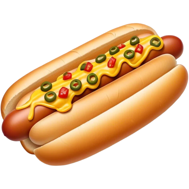 Cinematic Realistic Hot Dog Dish Emoji, featuring a classic hot dog in a bun topped with mustard and relish rendered with crisp textures and vibrant, dynamic lighting. emoji